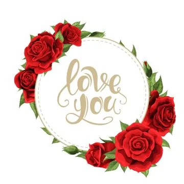 Vector frame with golden lettering, red rose flowers and leaves on white Иллюстрация