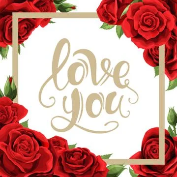 Vector frame with golden lettering, red rose flowers and leaves on white Stock Illustration