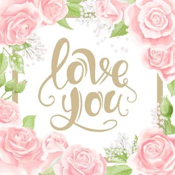 Vector frame with golden lettering, red rose flowers and leaves on white Stock Illustration