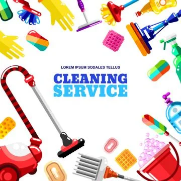 Vector frame with household cleaning tools, detergent and supplies. House cle Stock Illustration