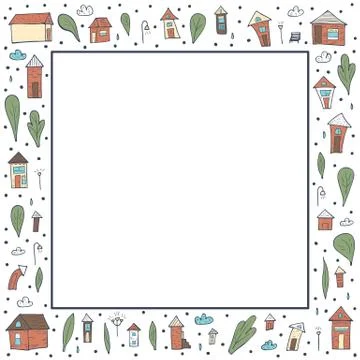 Vector frame of houses, trees and clouds. Square border composition in doodle Ilustración de archivo