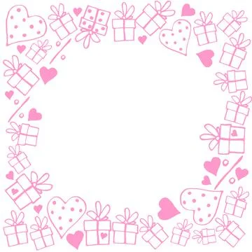 Vector frame made of contour hand drawn gifts, hearts and percent symbols in  Illustrazione stock