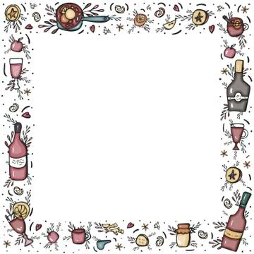 Vector frame of mulled wine elements and objects. Square border composition i イラスト素材