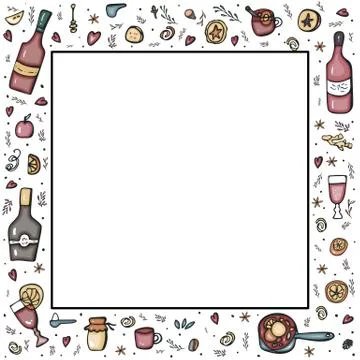 Vector frame of mulled wine elements and objects. Square border composition i イラスト素材