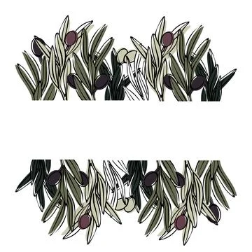 Vector frame with olive tree branch with leaves and olives fruit. Hand drawn Stock Illustration