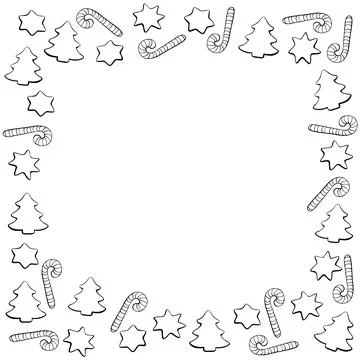 Vector frame of outline candy canes, stars, Christmas trees. New year Xmas ba Stock Illustration
