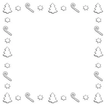 Vector frame of outline candy canes, stars, Christmas trees. New year Xmas .. Stock Illustration