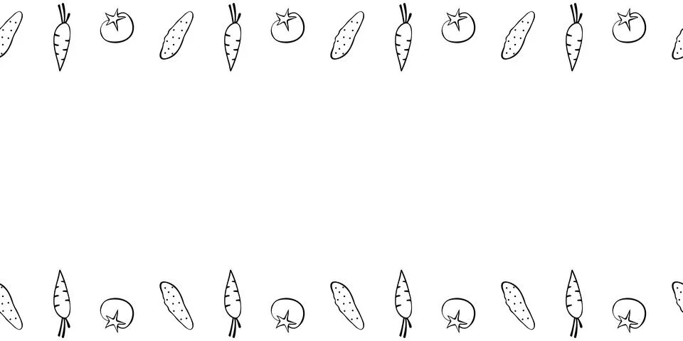 Vector frame from outline fresh vegetables- cucumbers, tomatoes, carrots. Hor Stock-Illustration