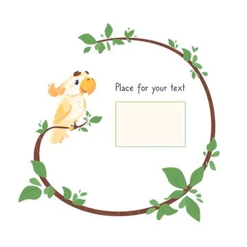 Vector frame with a parrot that sits on a branch and place for text. Cute bird 库存插图