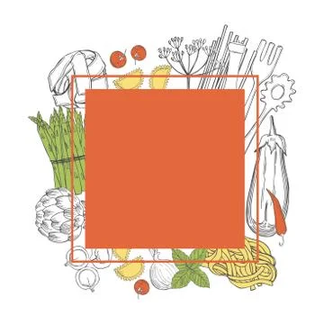 Vector frame with   pasta and vegetables . Stock Illustration