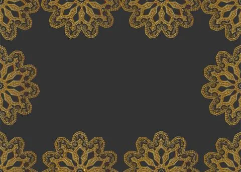 Vector frame pattern of golden mandalas on dark gray background Stock Illustration