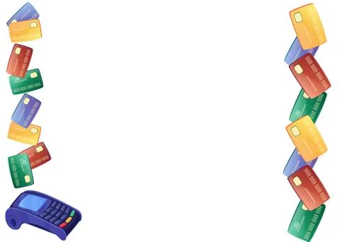 Vector frame - red, blue, green, yellow bank cards and terminal payment Stock Illustration