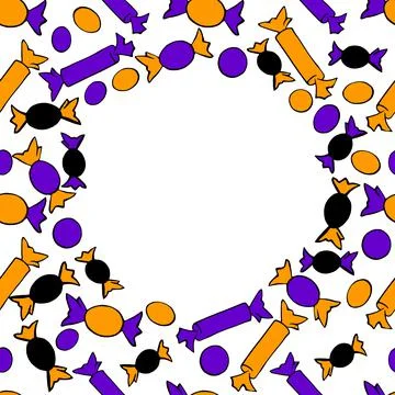 Vector frame of scattered candies in different colorful wrappers in flat styl Stock Illustration