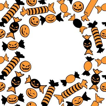 Vector frame of scattered candies in different wrappers in style of Halloween Stock Illustration