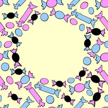 Vector frame of scattered candies in different colorful wrappers in flat styl 스톡 일러스트