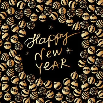 Vector frame of scattered golden xmas tree balls in doodle flat style. Happy  Stock Illustration