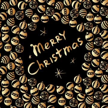 Vector frame of scattered golden xmas tree balls in doodle flat style. Merry  Illustrazione stock