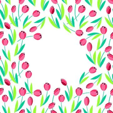 Vector frame of scattered red bright tulips. Spring flowers. Decoration, bord 스톡 일러스트