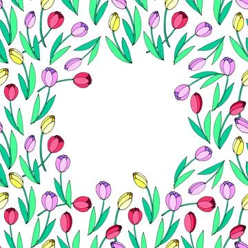 Vector frame of scattered red, pink, yellow, bright tulips. Spring flowers. H Illustrazione stock