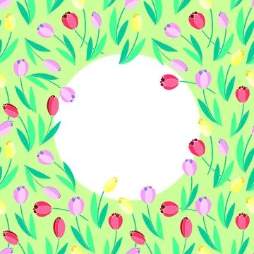Vector frame of scattered red, pink, yellow, bright tulips. Spring flowers. D Illustrazione stock