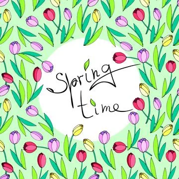 Vector frame of scattered red, pink, yellow, bright tulips. Springtime - le.. Stock Illustration