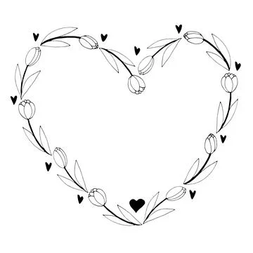 Vector frame in the shape of a heart from outline tulips. Hand drawn doodle i Stock Illustration
