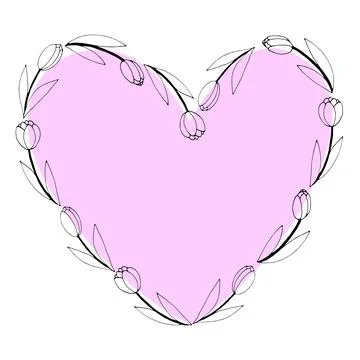 Vector frame in the shape of a heart from outline tulips. Hand drawn doodle i Stock Illustration