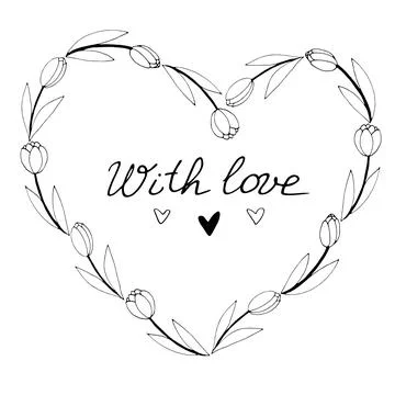 Vector frame in the shape of a heart from outline tulips. With love-lettering Stock Illustration