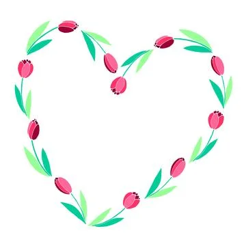 Vector frame in the shape of heart from red tulips. Background, border for .. 스톡 일러스트