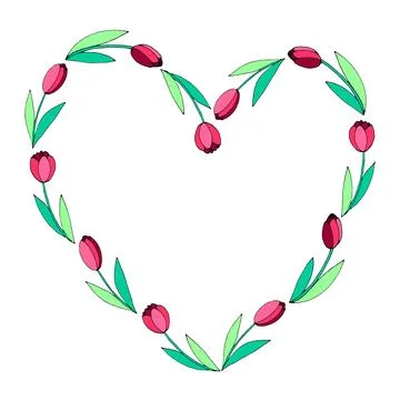 Vector frame in the shape of heart from red tulips. Hand drawn flat doodle is Stock Illustration