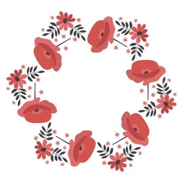 Vector frame with simple pink poppies and twigs. Hand drawn illustration Stock Illustration