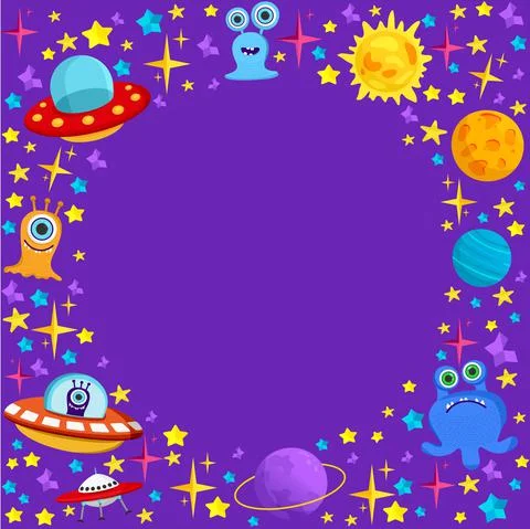 Vector frame on a space theme. UFO, planet, humanoid, alien, flying saucer. F Stock Illustration