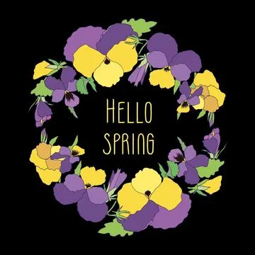 Vector frame of spring bright flowers pansies, floral wreath of cute colorful Stock Illustration