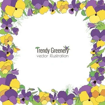 Vector frame of spring bright flowers pansies, floral wreath of cute colorful Stock Illustration