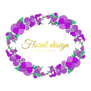 Vector frame of spring bright pink flowers pansies, floral wreath of cute Stock Illustration
