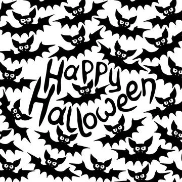 Vector frame with vampire bats and Happy Halloween lettering. Border, decor f Stock Illustration