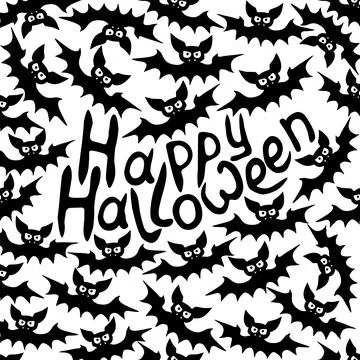 Vector frame with vampire bats and Happy Halloween lettering. Border, decor f Stock Illustration