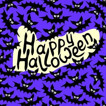 Vector frame with vampire bats and Happy Halloween lettering. Border, decor f Stock Illustration