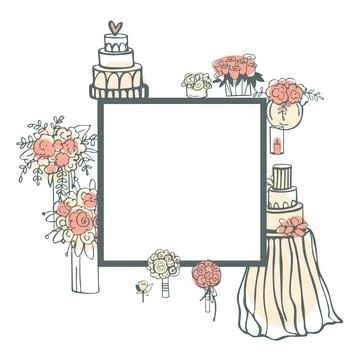 Vector frame with  wedding flowers and cakes. Stock Illustration