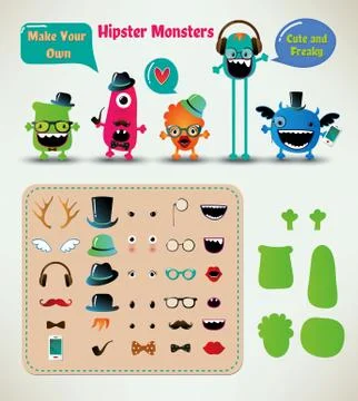 Vector Freaky Hipster Monsters Set Stock Illustration
