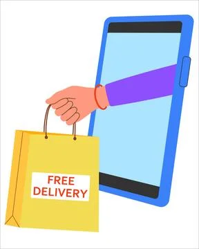 Vector Free Delivery Hand out phone holding out purchase package Stock Illustration