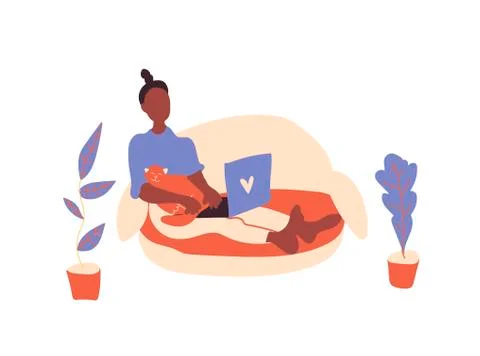 Vector freelance girl at computer and cat stay home.An illustration Stock Illustration