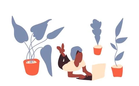 Vector freelance girl at computer and cat with urban plants stay home. Stock Illustration