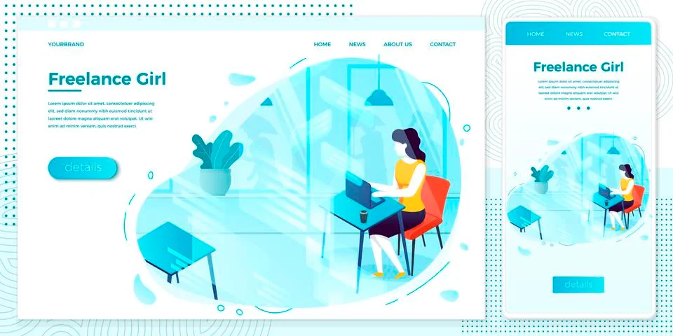 Vector freelancer girl with notebook, easely working in cafe Stock Illustration