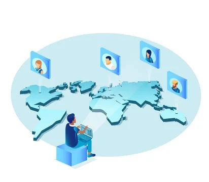 Vector of a freelancer with a laptop chatting with multiple people around t.. Stock Illustration