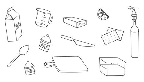 Vector fresh ingredients for baking, cookies: milk, lemon, sugar, butter Stock Illustration