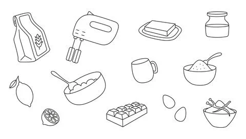 Vector fresh ingredients for baking: flour, egg, vanilla, sugar, butter Stock Illustration