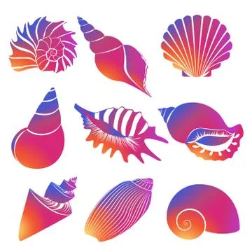 Vector fresh modern gradient sea shells and pearl seashell silhouettes isolated Stock Illustration