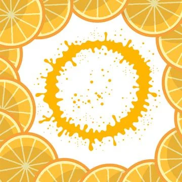 Vector Fresh Orange Sliced Frame with Circle Orange Juicy Splatter and Juic.. Stock Illustration