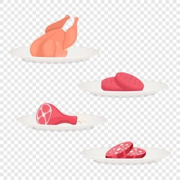 Vector Fresh Pieces of Raw Meat, Chicken, Sausage, Ham, Steak on Plate Icon Set Stock Illustration